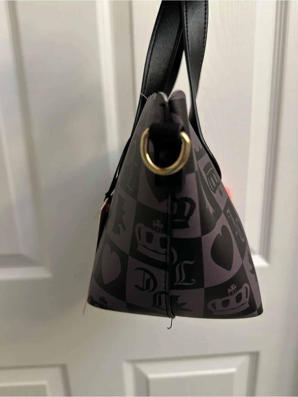Juicy Couture Black and Charcoal Checker Satchel with Pink Heart Charm